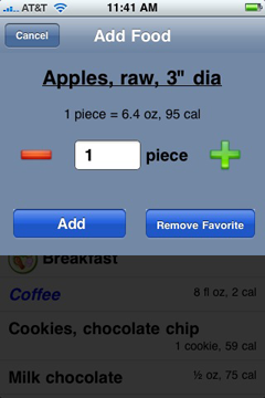 Dialog for adding food that was eaten